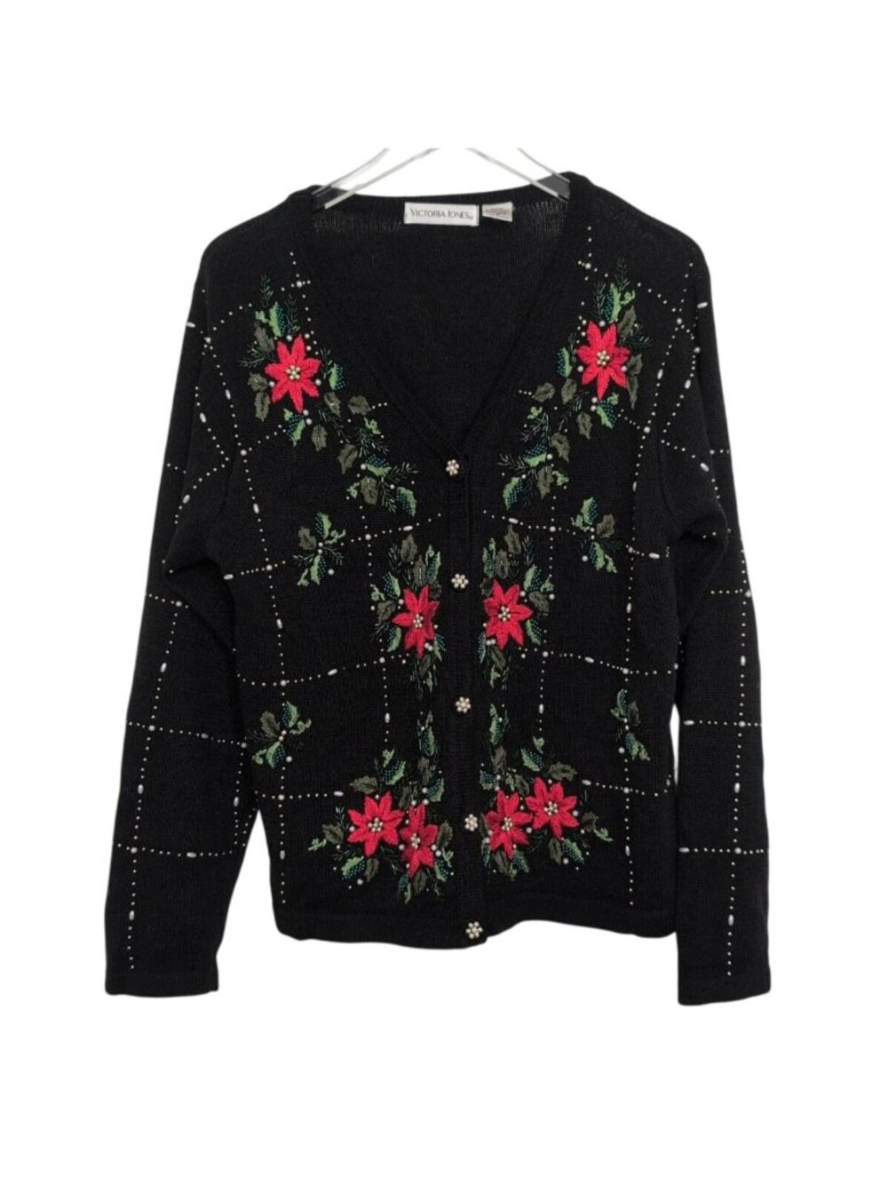 Victoria Jones Beaded Poinsettia Cardigan Womens Size Medium Black Christmas - Picture 1 of 10